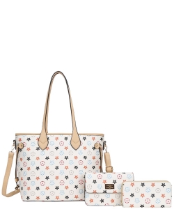 3 In1 Print Tote Bag W Crossbody and Wallet Set LY-8091-S WHITE